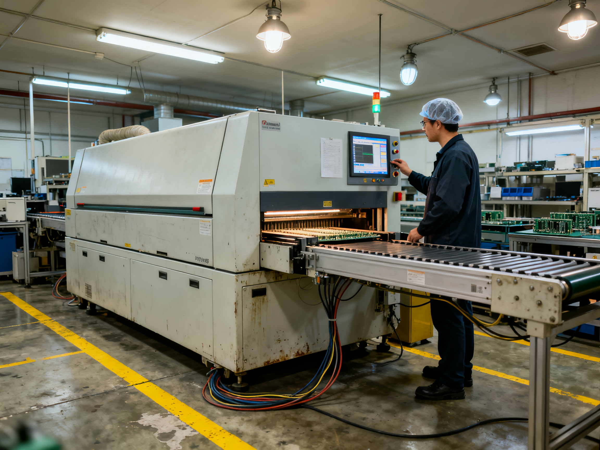 Realistic factory floor documentary shot at chest height showing a mid sized reflow oven.