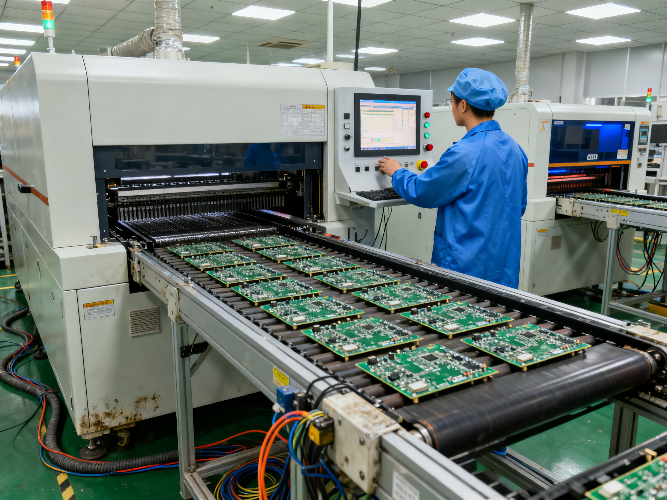 Realistic smt assembly line reflow oven in production flow with populated pcbs on conveyor.