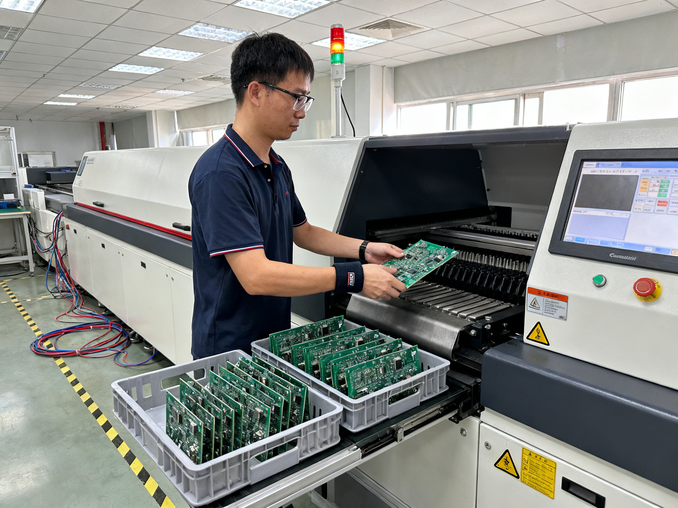Side angle documentary view of operator loading populated PCB assemblies onto conveyor belt for reflow processing.