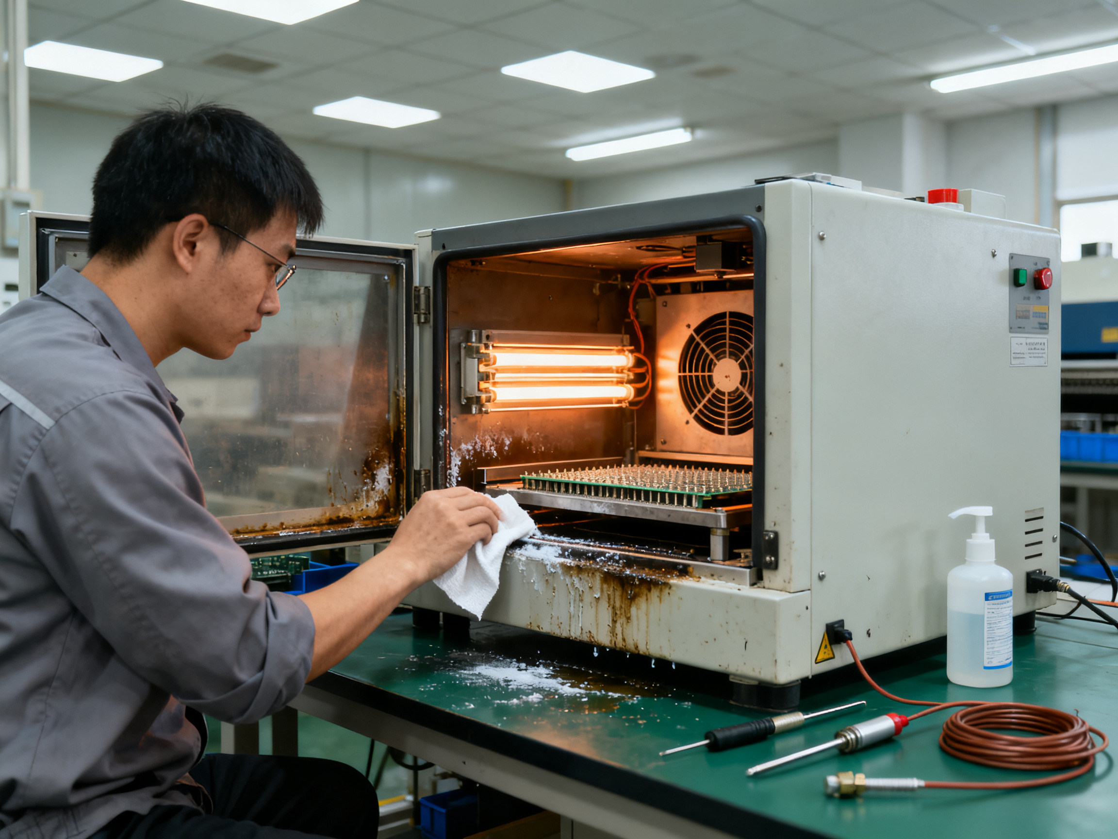Small electronics workshop with reflow oven maintenance in progress, engineer cleaning components.
