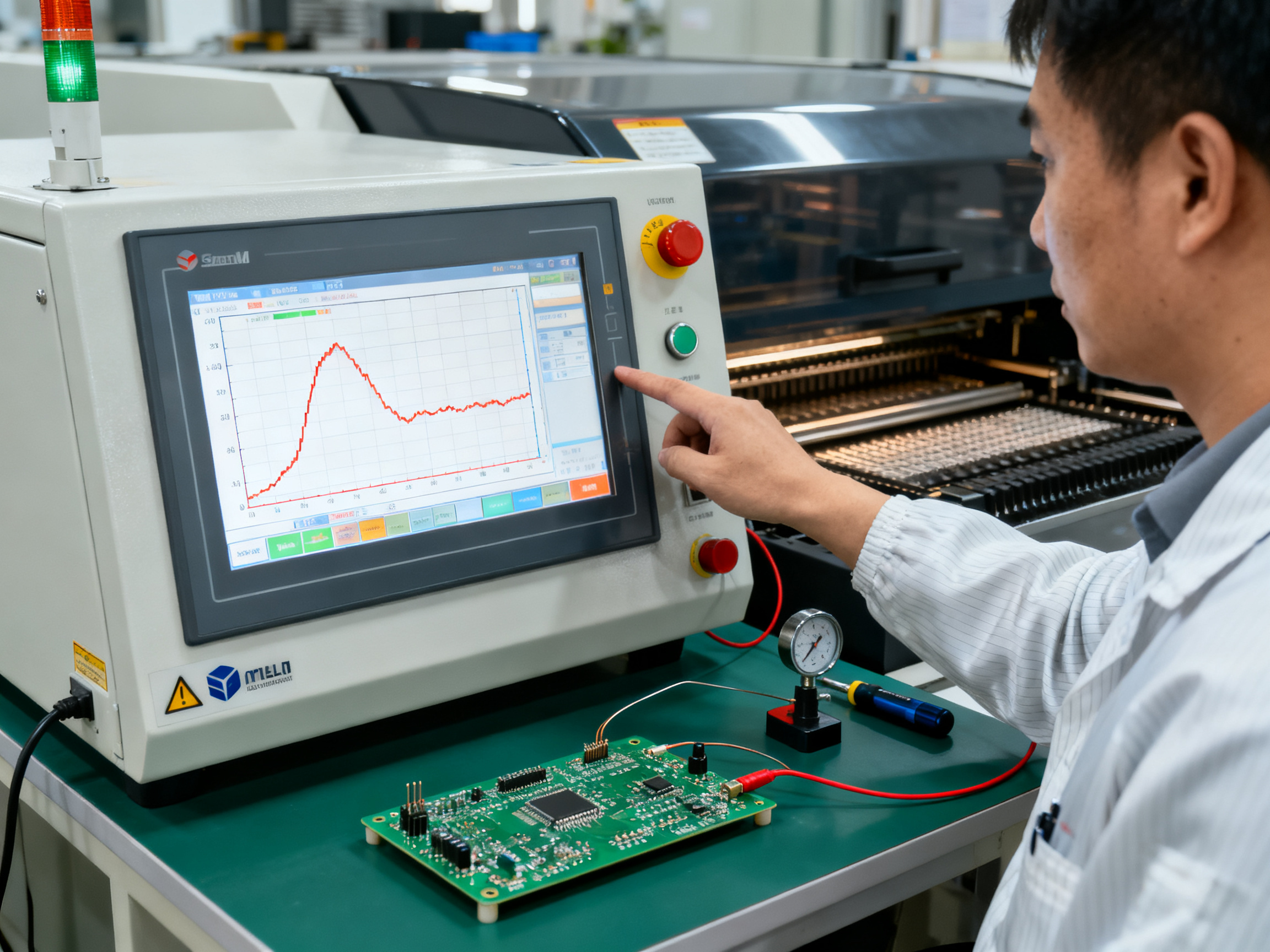 Smt production engineer reviewing reflow oven profile on touchscreen hmi temperature settings.