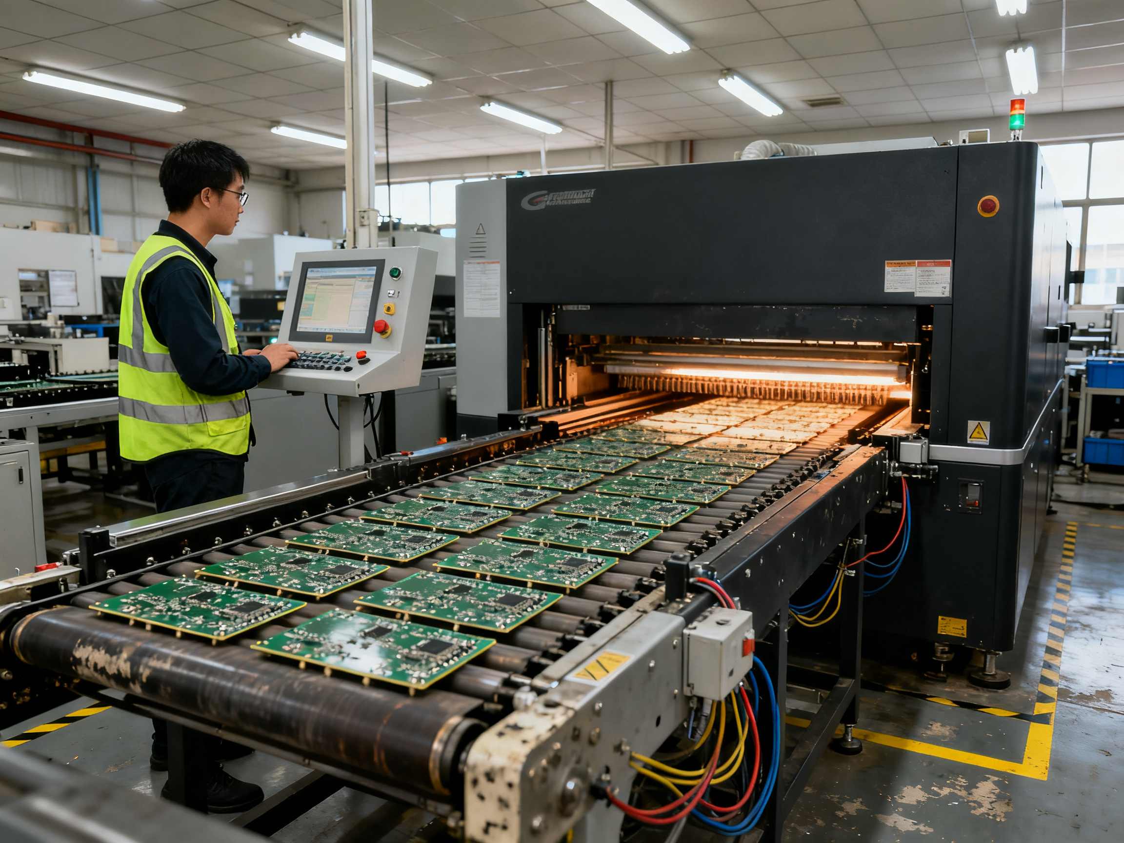 Smt production floor with reflow oven in background conveyor carrying populated.