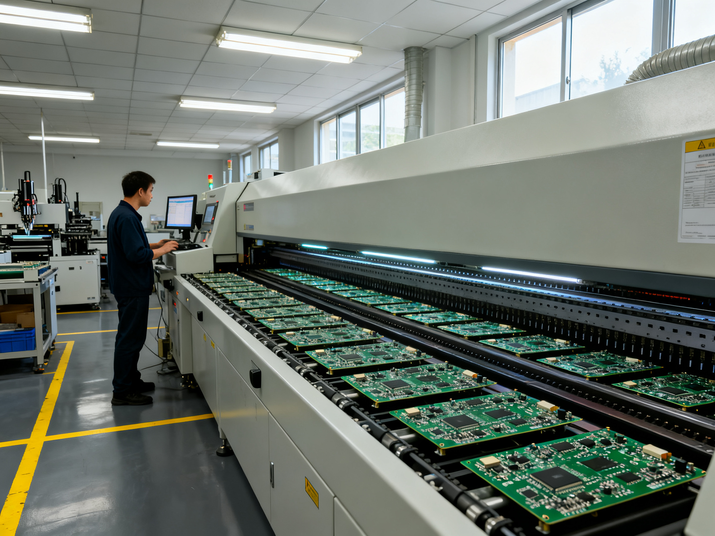 Smt production line in electronics factory conveyor running populated pcbs through reflow oven.