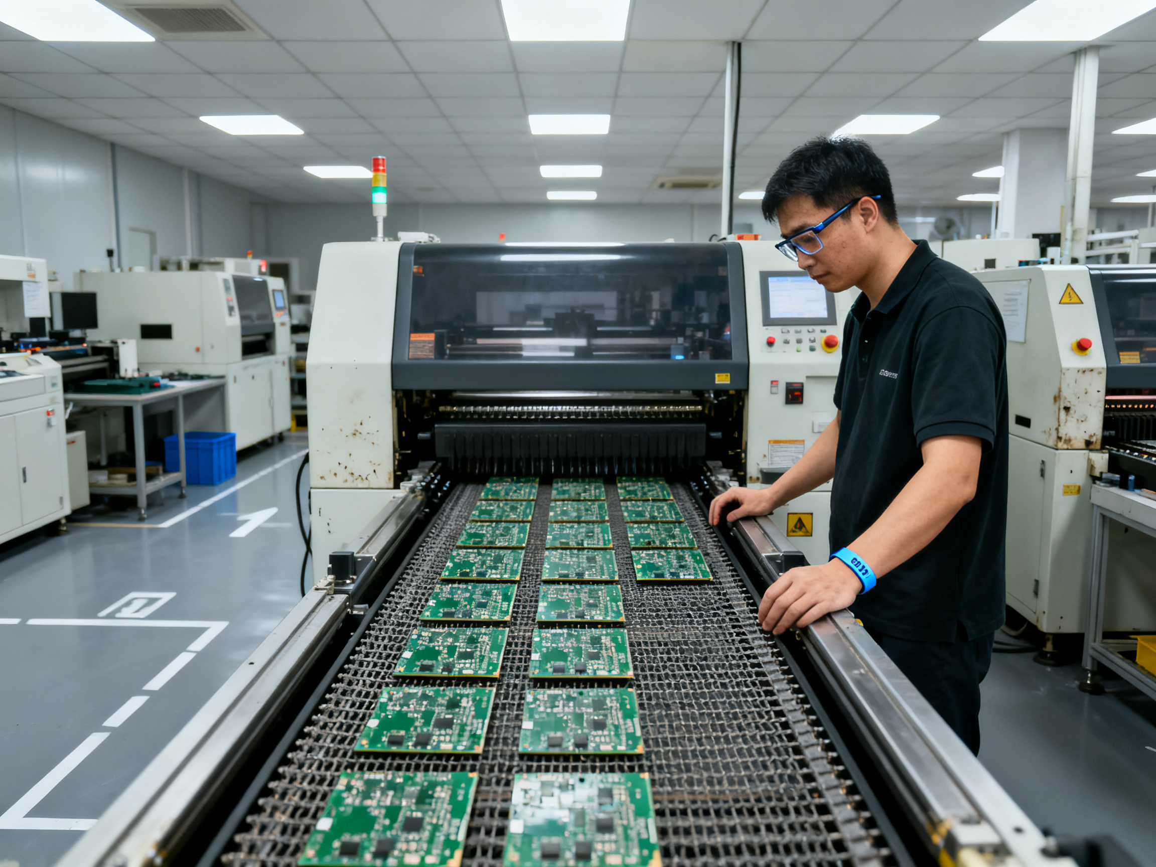 SMT production line interior with reflow oven in center operator wearing safety equipment