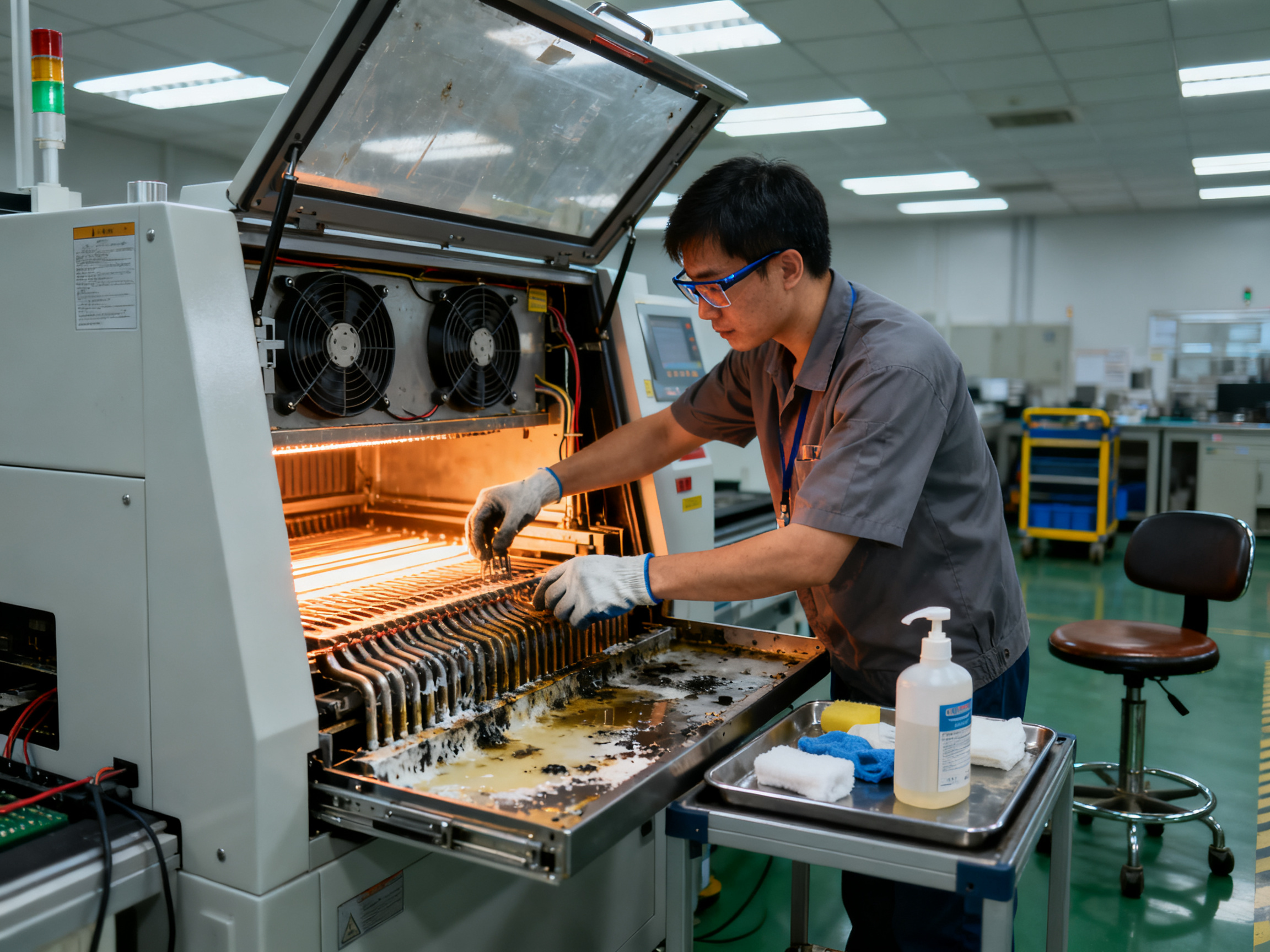 SMT technician performing routine maintenance on a reflow oven chamber interior.