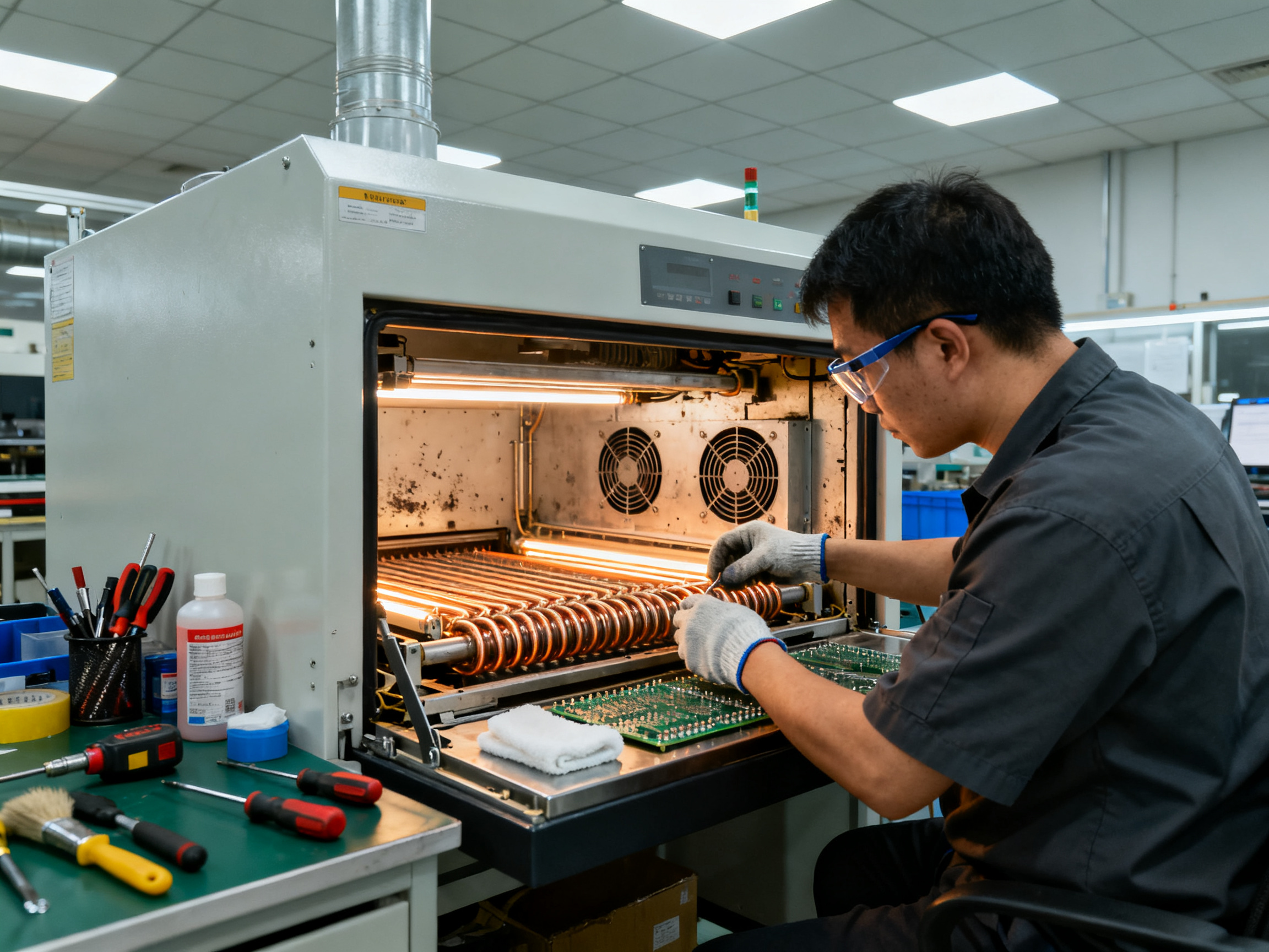 A technician performing routine maintenance inside a reflow oven chamber worker in.