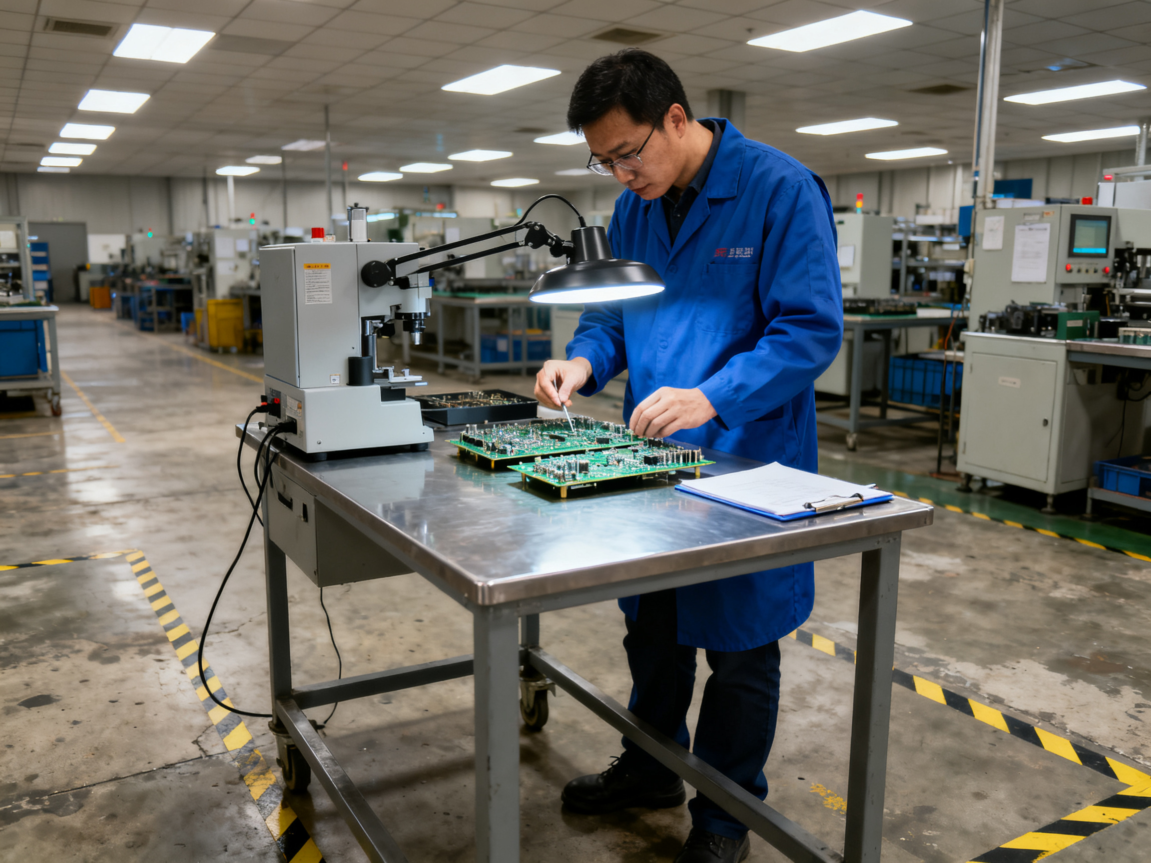 Wide angle documentary view of an electronics factory quality inspection station.