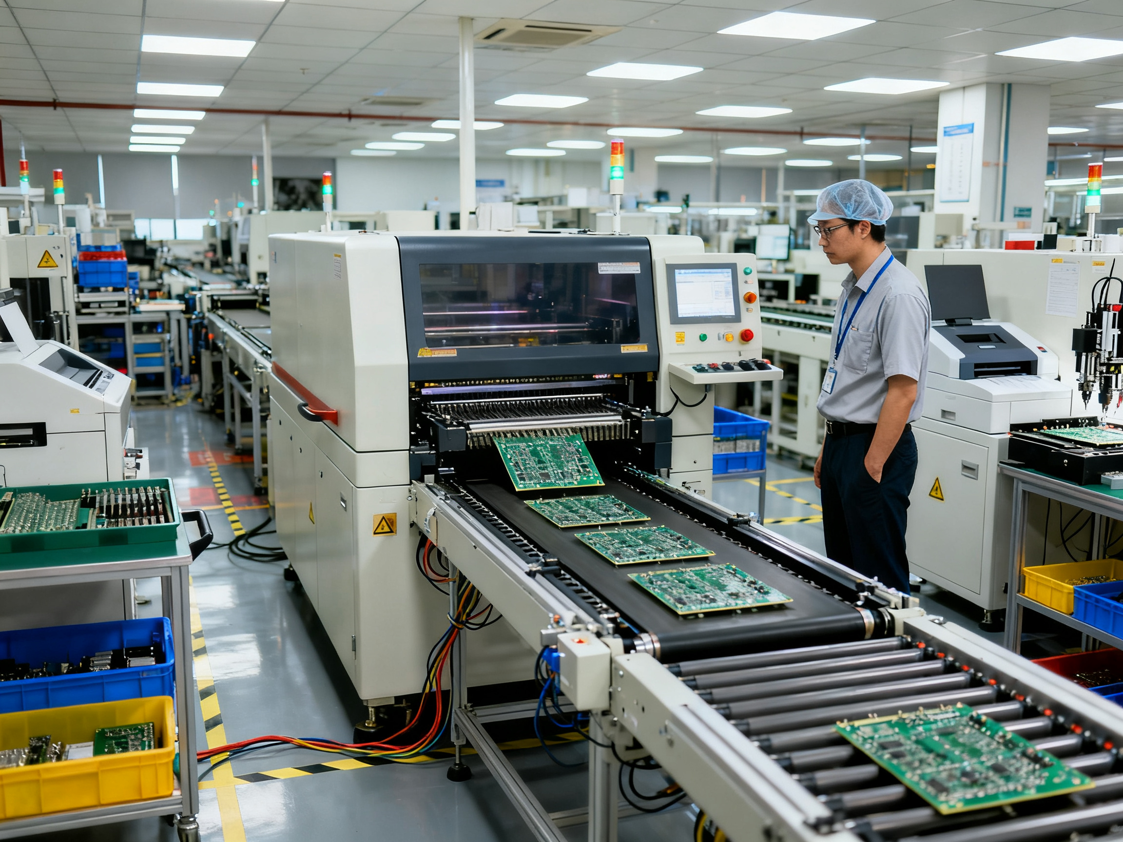 Wide angle documentary view of an SMT production line in an electronics factory with reflow oven integrated in the line.