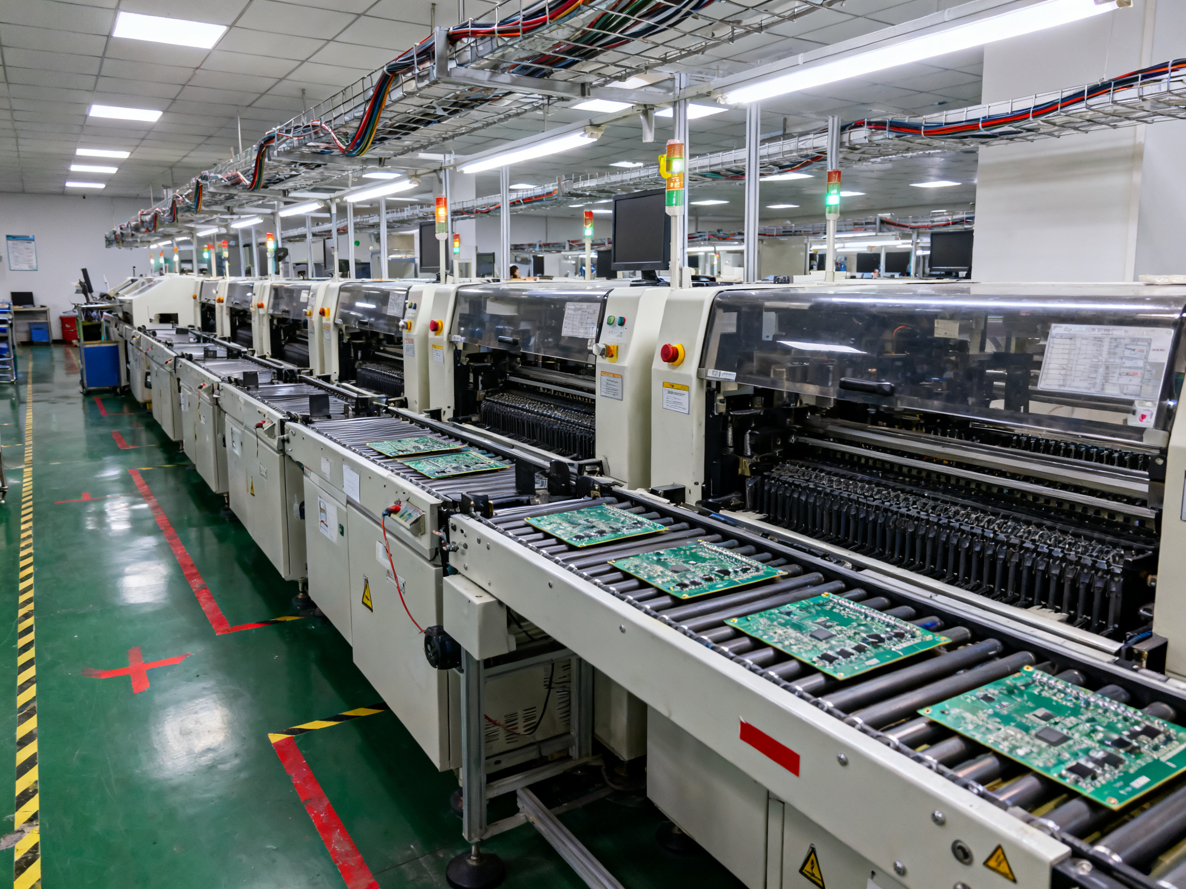 Wide angle view of an SMT production line section showing multiple conveyor modules connected in sequence.