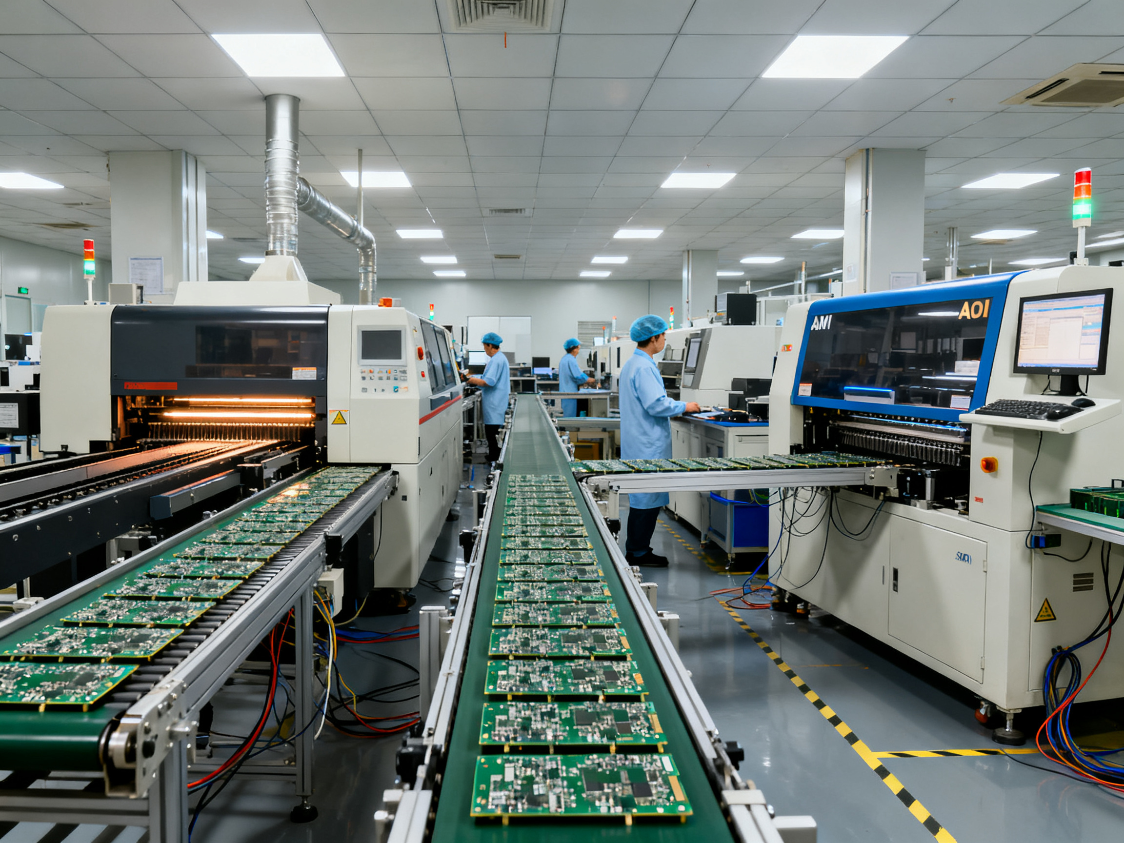 Wide documentary view of an SMT assembly line in an ordinary electronics factory.
