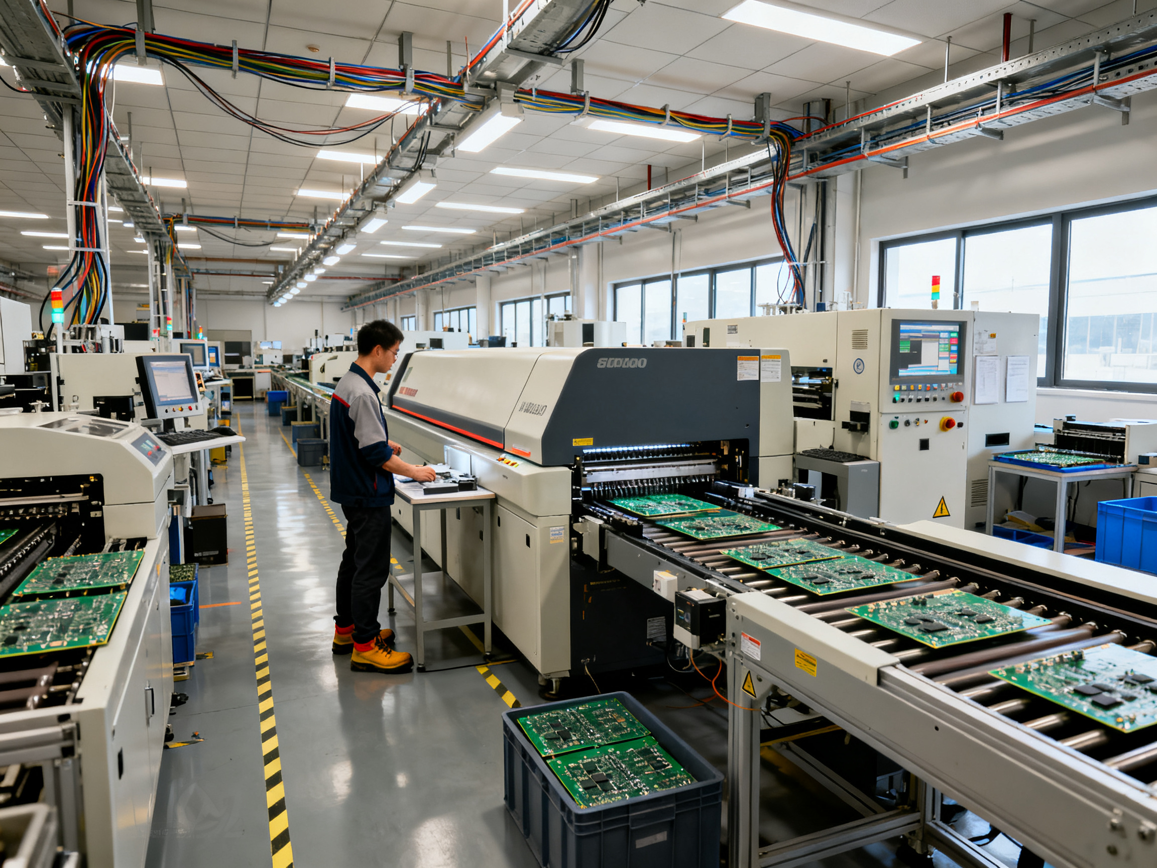 A wide factory floor view showing an inline reflow oven integrated into an automat.