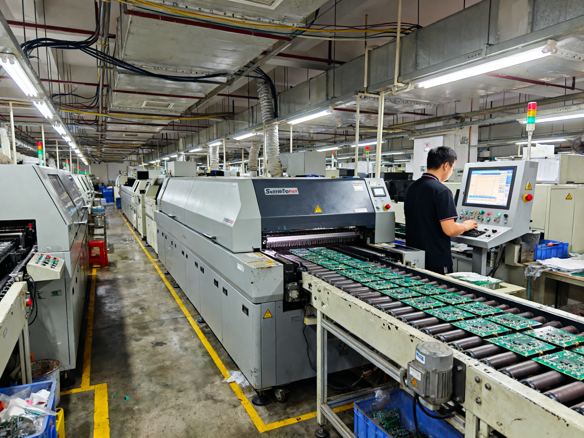 Wide view of an SMT production line in a busy electronics factory a reflow oven.